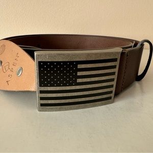 American flag buckle leather belt. New. Made in USA. Size: 36, 38, 40
